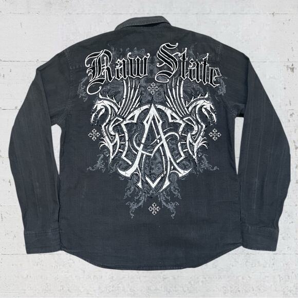 Raw State Shirt Men Large Y2K Black Grunge Punk Rock Graphic Spellout Logo - Picture 1 of 8